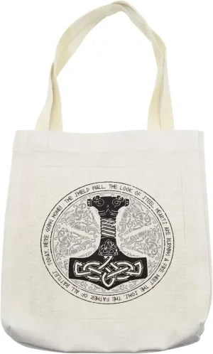 Lunarable Mjolnir Tote Bag, Round Traditional Scandinavian Poetic Nordic Tribal, Cloth Linen Reusable Bag for Shopping Books Beach and More, 16.5" X 14", Cream