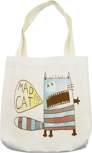 Lunarable Quirky Tote Bag, Bizarre Angry Kitten Shouting Mad Cat Cartoon Fun Style Speech Bubble, Cloth Linen Reusable Bag for Shopping Books Beach and More, 16.5" X 14", Cream