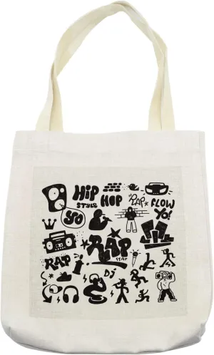 Lunarable Rap Tote Bag, Arrangement of Rap Culture Doodles Street Performers Words Genre Specific, Cloth Linen Reusable Bag for Shopping Books Beach and More, 16.5" X 14", Cream