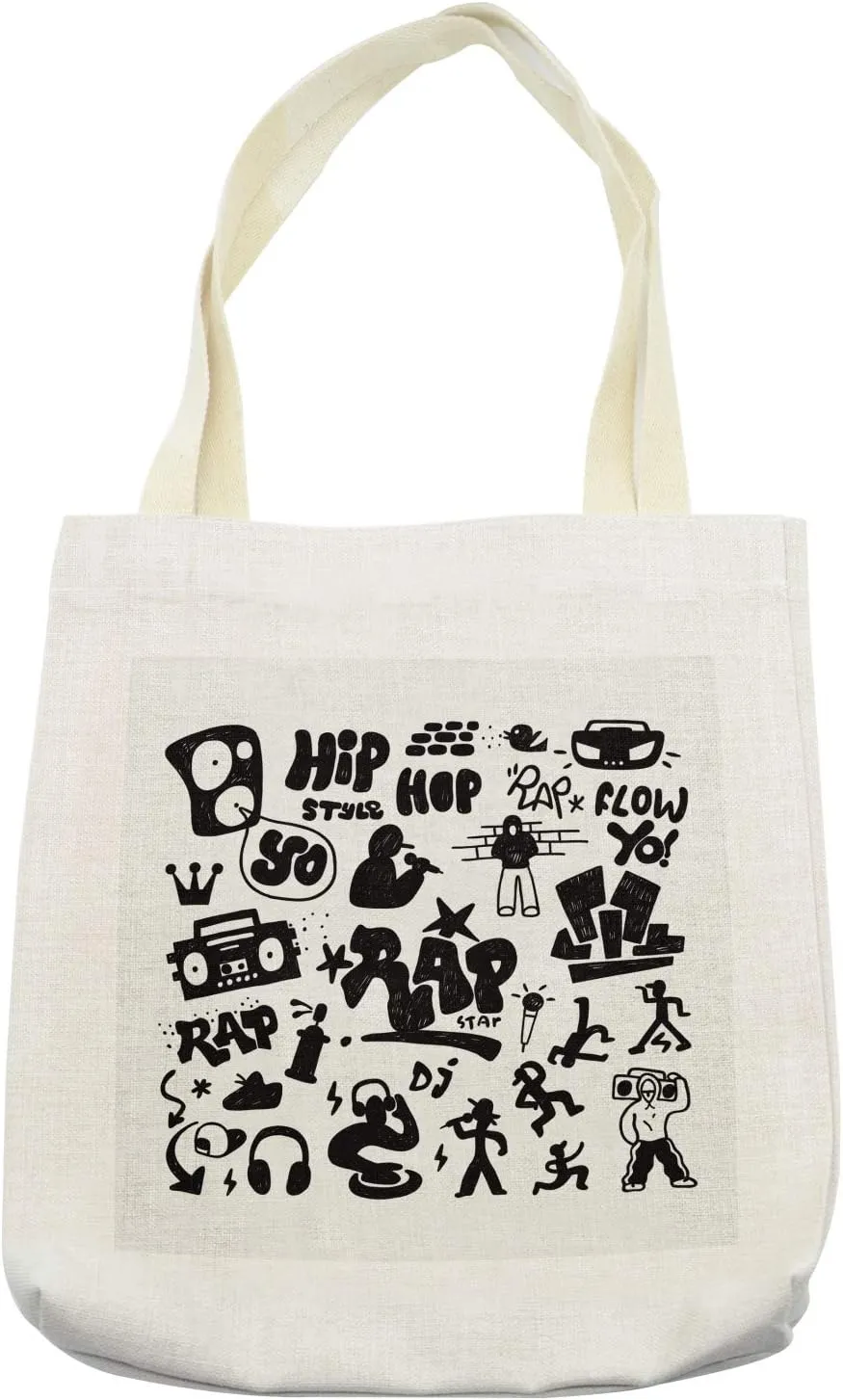 Lunarable Rap Tote Bag, Arrangement of Rap Culture Doodles Street Performers Words Genre Specific, Cloth Linen Reusable Bag for Shopping Books Beach and More, 16.5" X 14", Cream