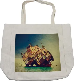 Lunarable Shipwreck Shopping Bag, Sunken Damaged Transportation Ship Wreck on Reef in Egyptian Red Sea Coast Photo, Eco-Friendly Reusable Bag for Groceries Beach and More, 15.5" X 14.5", Cream