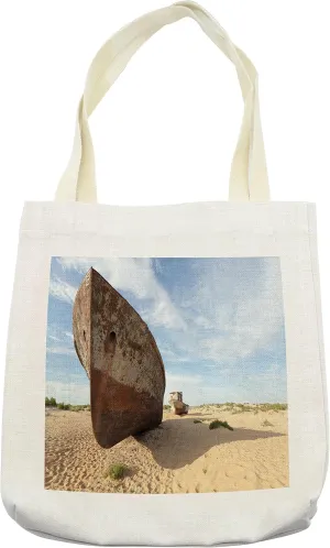 Lunarable Shipwreck Tote Bag, Lost Ship in North Aral Desert Remnant Arid Barren Area of World Image, Cloth Linen Reusable Bag for Shopping Books Beach and More, 16.5" X 14", Cream