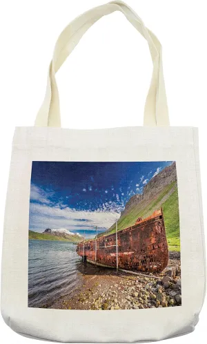 Lunarable Shipwreck Tote Bag, Rusty Ship Wreck in Iceland near Cliffs Hills Valley Fjord Nordic Arctic Scenery, Cloth Linen Reusable Bag for Shopping Books Beach and More, 16.5" X 14", Cream