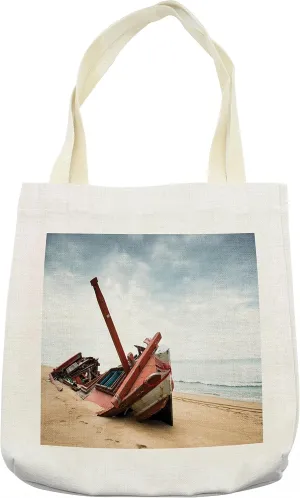 Lunarable Shipwreck Tote Bag, Traditional Remains of Beached Vessel on Tranquil Tunisian Beach Nautical Design, Cloth Linen Reusable Bag for Shopping Books Beach and More, 16.5" X 14", Cream