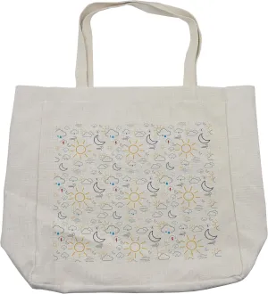 Lunarable Sun and Moon Shopping Bag, Weather Pattern Rainy Snowy Windy Foggy Minimalistic Symbolic Illustration, Eco-Friendly Reusable Bag for Groceries Beach and More, 15.5" X 14.5", Cream