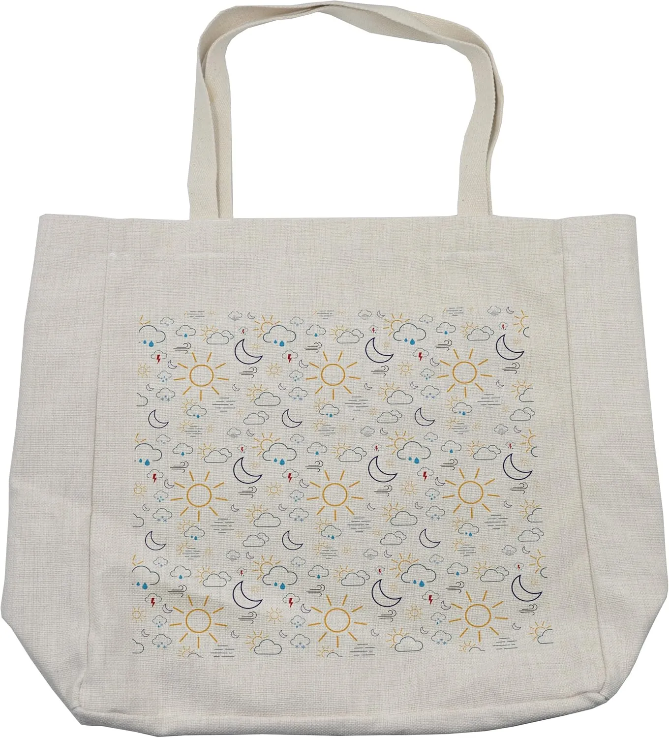 Lunarable Sun and Moon Shopping Bag, Weather Pattern Rainy Snowy Windy Foggy Minimalistic Symbolic Illustration, Eco-Friendly Reusable Bag for Groceries Beach and More, 15.5" X 14.5", Cream