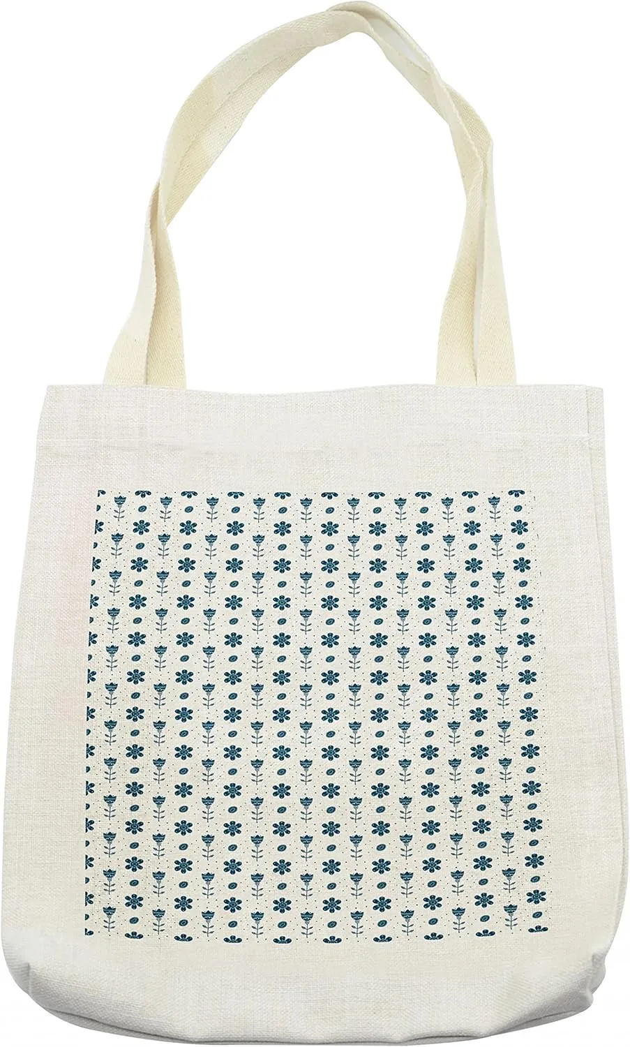 Lunarable Tulip Tote Bag, Prehistoric Simple Hand-drawn Flowers as Tulips and Daisies with Small Dots, Cloth Linen Reusable Bag for Shopping Books Beach and More, 16.5" X 14", Cream
