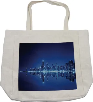 Lunarable United States Shopping Bag, Financial District Workplace Reflections at Night Economy Center Buildings, Eco-Friendly Reusable Bag for Groceries Beach and More, 15.5" X 14.5", Cream