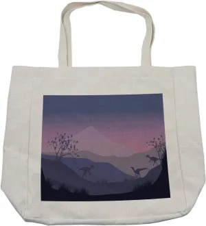 Lunarable Velociraptor Shopping Bag, Prehistoric Silhouette Panorama in Pastel Tones on Dinosaurs Hills, Eco-Friendly Reusable Bag for Groceries Beach and More, 15.5" X 14.5", Cream