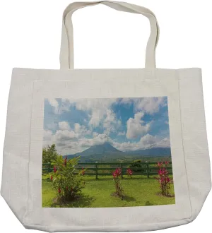 Lunarable Volcano Shopping Bag, View of the Arenal Volcano from Observation Point Costa Rica Scenic View, Eco-Friendly Reusable Bag for Groceries Beach and More, 15.5" X 14.5", Cream