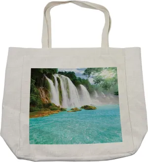 Lunarable Waterfall Shopping Bag, Ban Gioc-Detian Cascade in the Forest Tropical Waterscape Clear Pool, Eco-Friendly Reusable Bag for Groceries Beach and More, 15.5" X 14.5", Cream