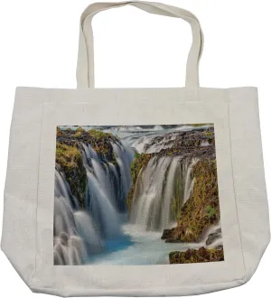 Lunarable Waterfall Shopping Bag, Scandinavian Sublime Waterfall down River by Stone Hill Cascade Stream Theme, Eco-Friendly Reusable Bag for Groceries Beach and More, 15.5" X 14.5", Cream