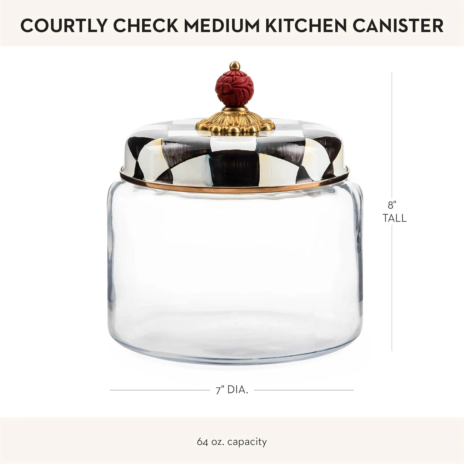 MACKENZIE-CHILDS Courtly Check Kitchen Canister, Decorative Black-and-White Glass Storage Jar with Lid, Medium