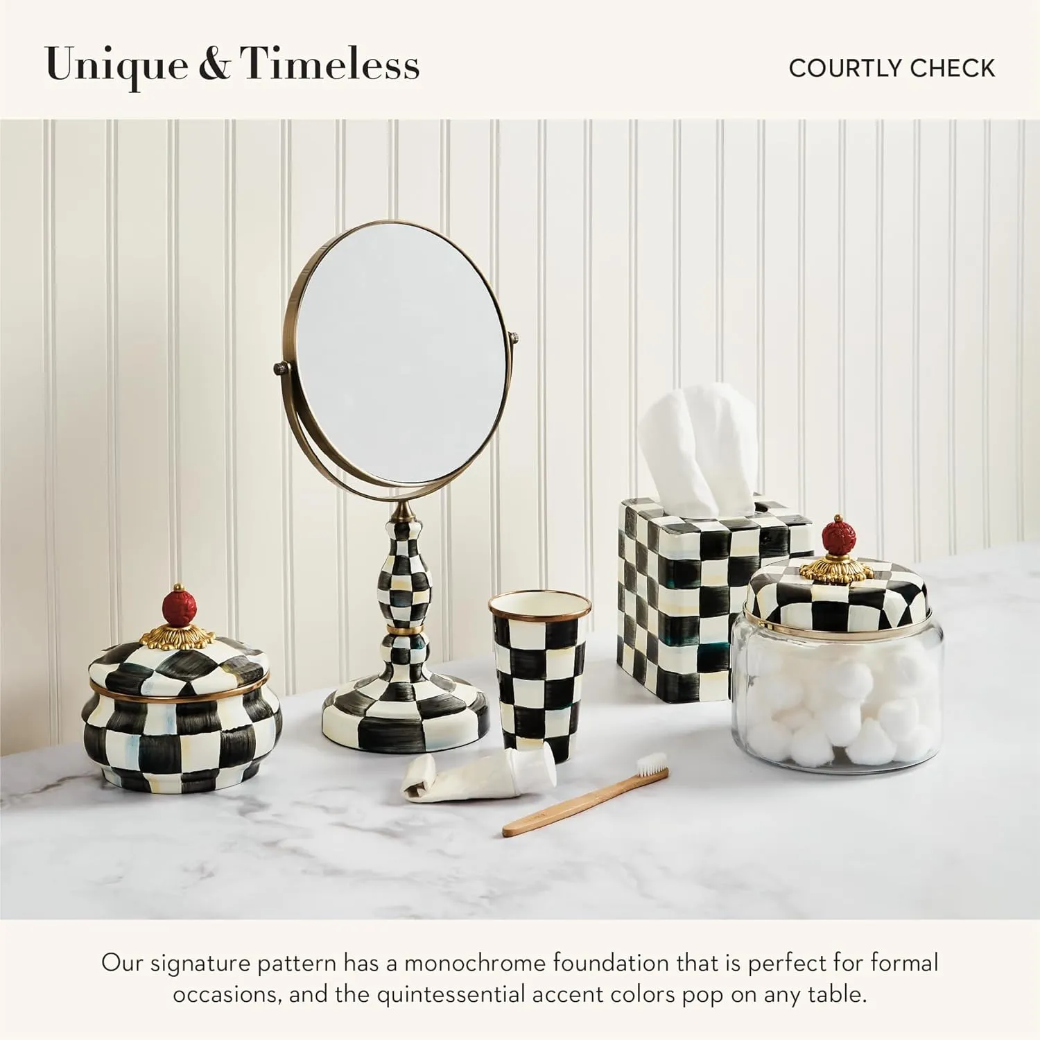 MACKENZIE-CHILDS Courtly Check Kitchen Canister, Decorative Black-and-White Glass Storage Jar with Lid, Medium
