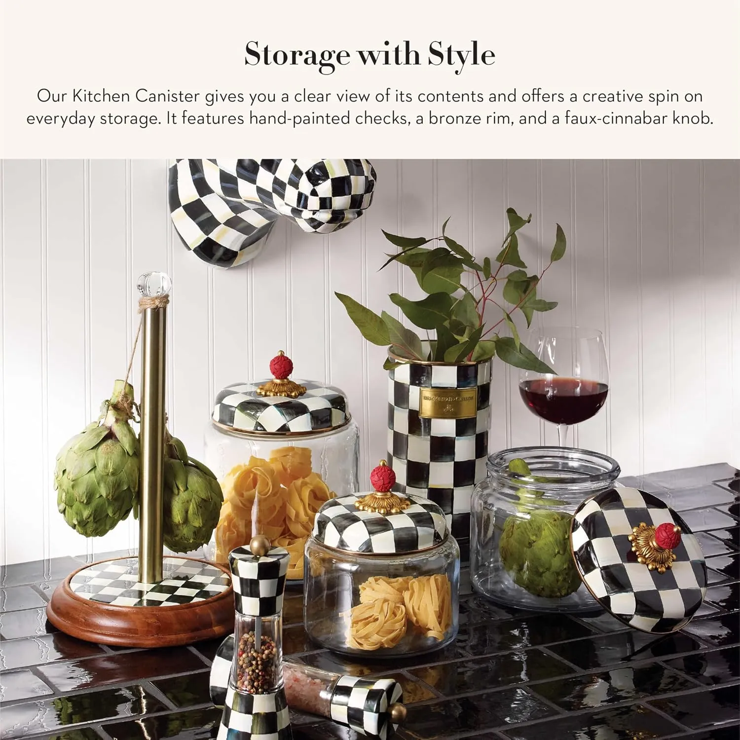 MACKENZIE-CHILDS Courtly Check Kitchen Canister, Decorative Black-and-White Glass Storage Jar with Lid, Medium