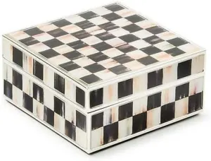 MACKENZIE-CHILDS Silver-Plated Trinket Box, Small Storage Box for Jewelry, Keepsakes, Ring Storage, or Gift Giving, Black-and-White Courtly Check