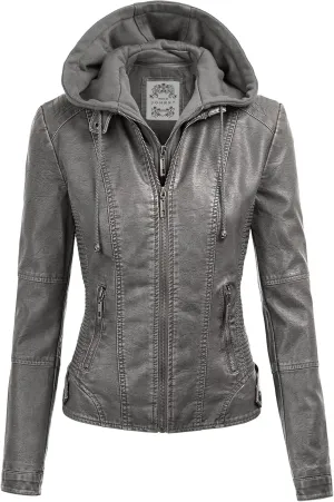 Made By Johnny Faux Leather Jacket Women Motorcycle Coat for Biker with Removable Hood