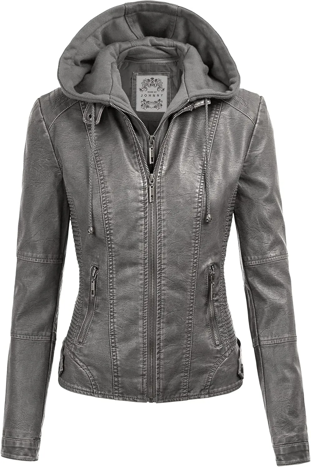 Made By Johnny Faux Leather Jacket Women Motorcycle Coat for Biker with Removable Hood