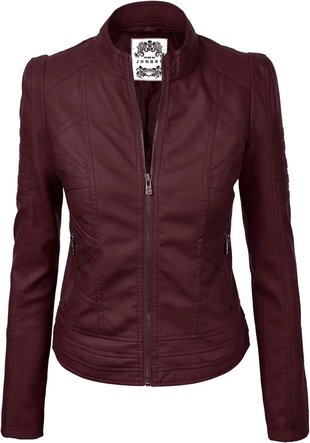 Made By Johnny MBJ Womens Faux Leather Zip Up Moto Biker Jacket with Stitching Detail