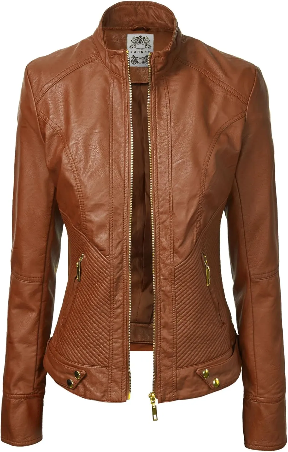 Made By Johnny MBJ Womens Faux Leather Zip Up Moto Biker Jacket with Stitching Detail