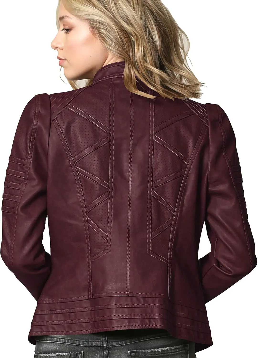 Made By Johnny MBJ Womens Faux Leather Zip Up Moto Biker Jacket with Stitching Detail