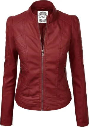 Made By Johnny MBJ Womens Faux Leather Zip Up Moto Biker Jacket with Stitching Detail