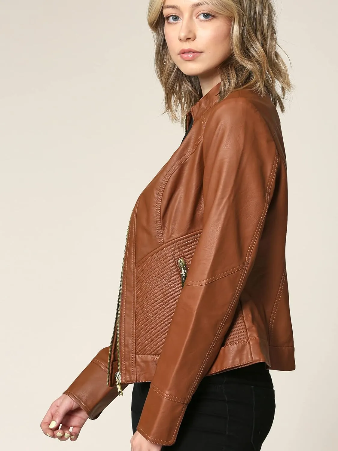 Made By Johnny MBJ Womens Faux Leather Zip Up Moto Biker Jacket with Stitching Detail