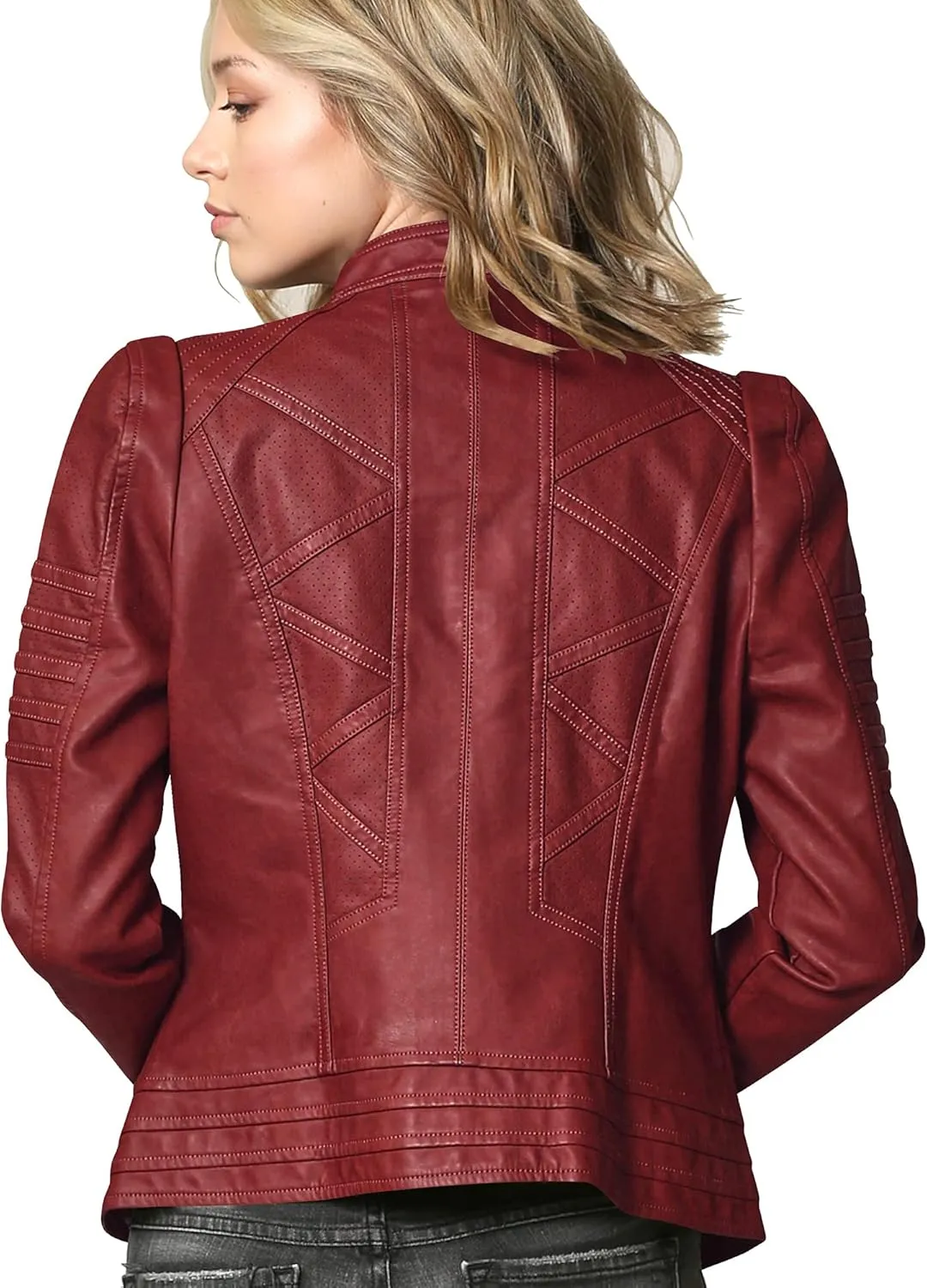 Made By Johnny MBJ Womens Faux Leather Zip Up Moto Biker Jacket with Stitching Detail