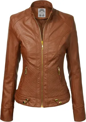Made By Johnny MBJ Womens Faux Leather Zip Up Moto Biker Jacket with Stitching Detail