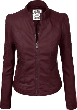 Made By Johnny MBJ Womens Faux Leather Zip Up Moto Biker Jacket with Stitching Detail