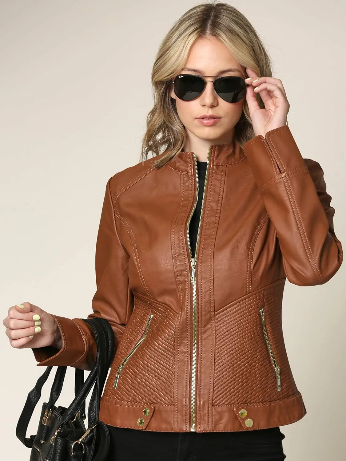 Made By Johnny MBJ Womens Faux Leather Zip Up Moto Biker Jacket with Stitching Detail