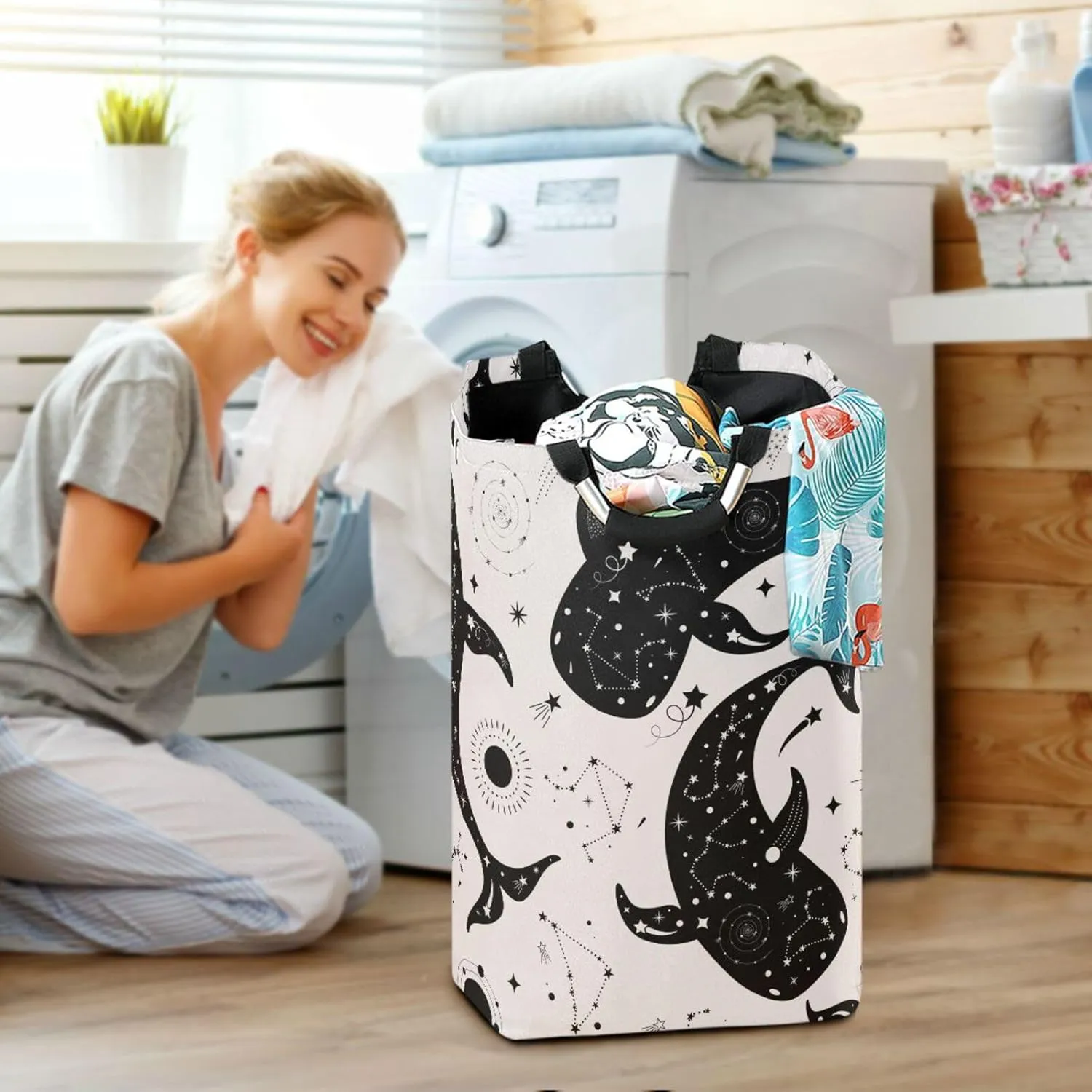 Magical Whales Stars Planets Moon Large Laundry Baskets Washing Hamper Bag Boho Zodiac Signs Sun Meteorites Dirty Clothes Storage Bin Toy book Clothing Holder With Handles For Home Bathroom Bedroom 5