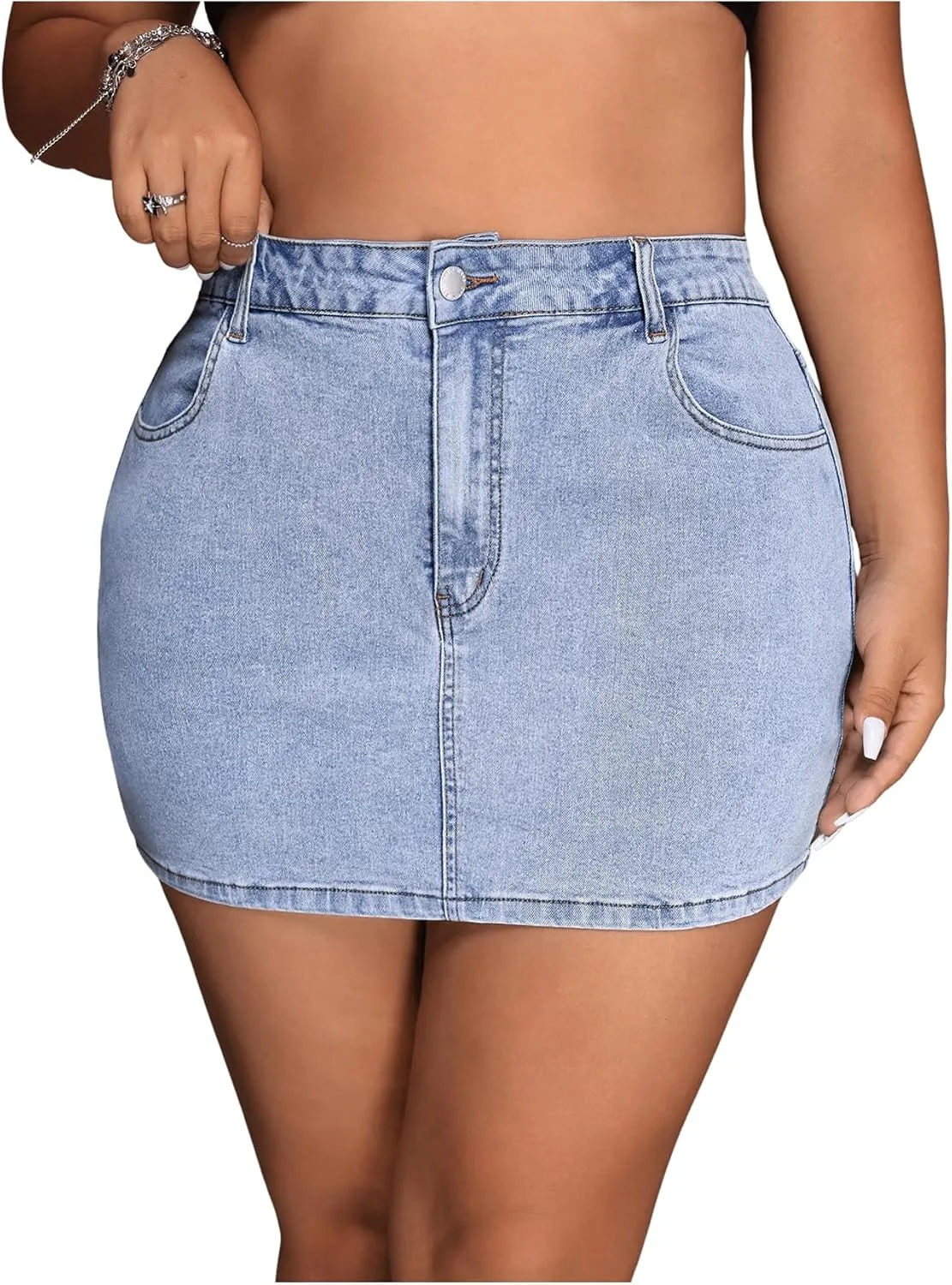 MakeMeChic Women's Plus Size Denim Skirt Mini High Waisted Zipper Bodycon Jean Skirt