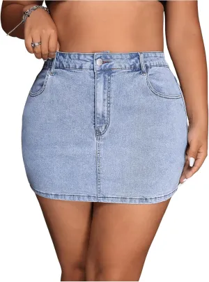 MakeMeChic Women's Plus Size Denim Skirt Mini High Waisted Zipper Bodycon Jean Skirt