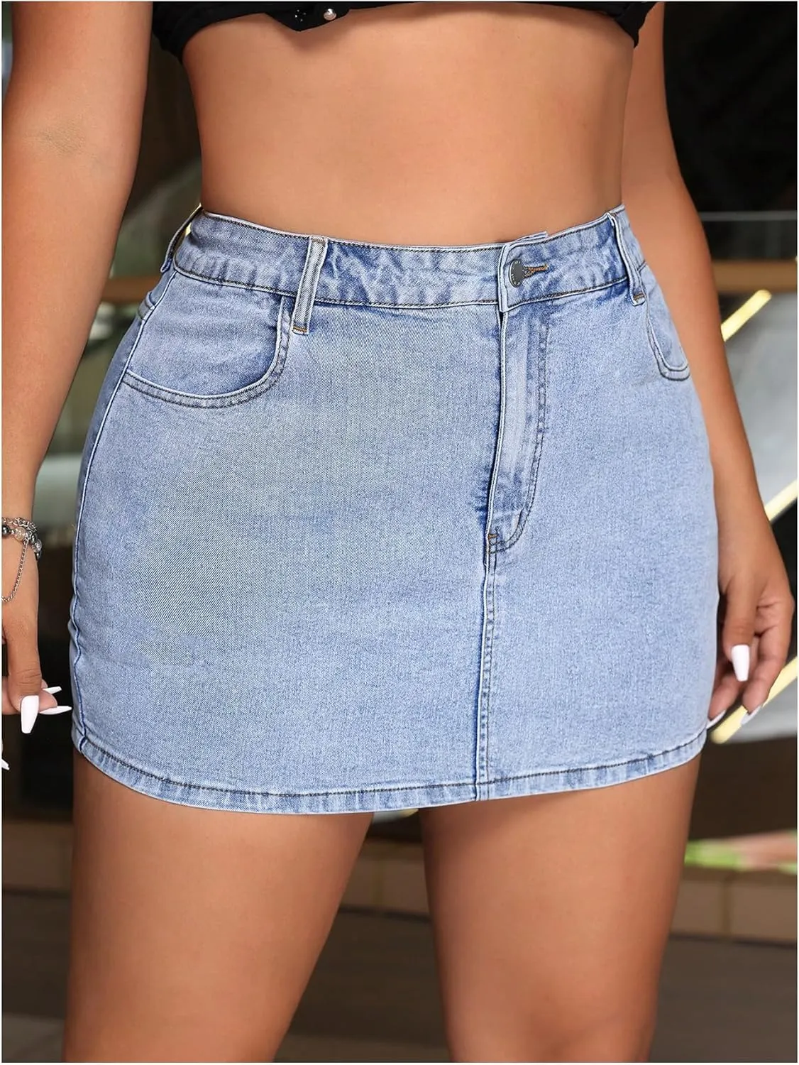 MakeMeChic Women's Plus Size Denim Skirt Mini High Waisted Zipper Bodycon Jean Skirt