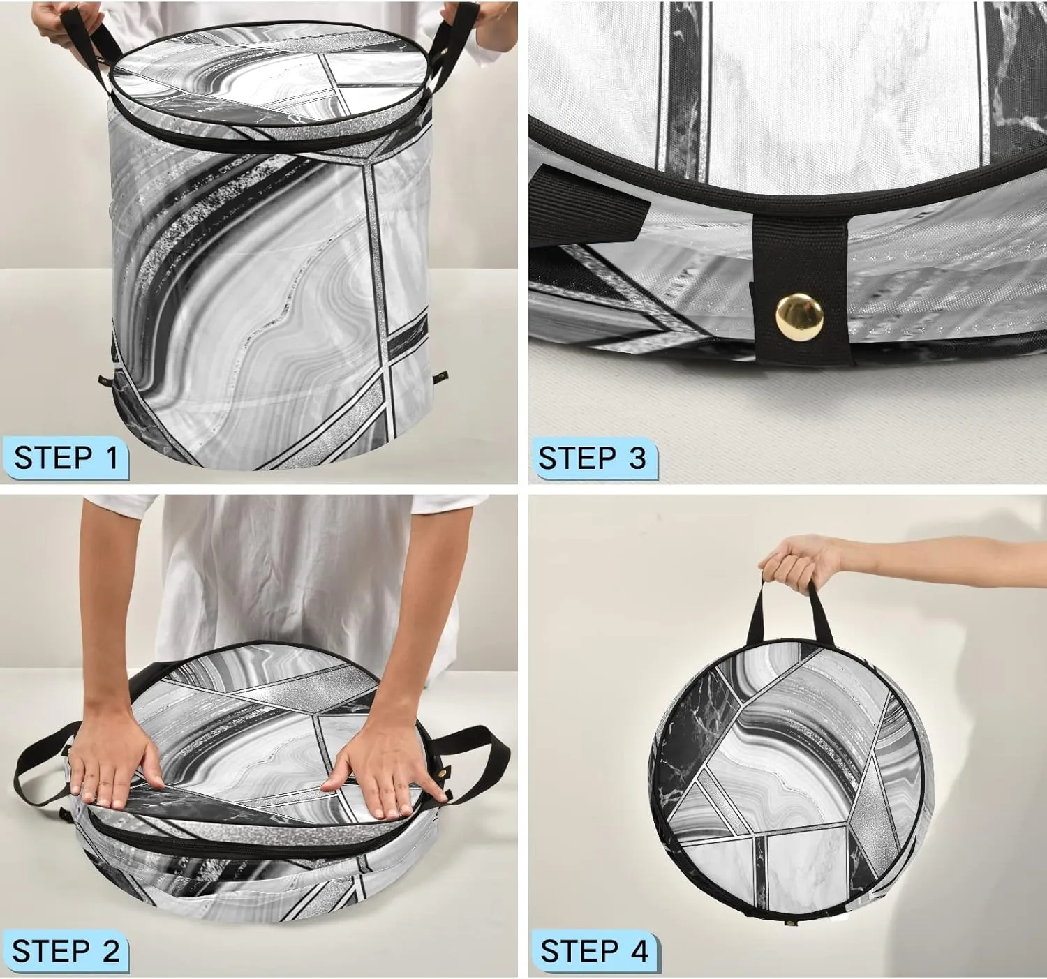 Marble Granite Agate Black Grey Triangle Tile Silver White Lines Pop Up Laundry Hamper, Collapsible Dirty Clothes Basket with Zipper Lid, Storage Bag Washing Bin for Room College Dorm Travel