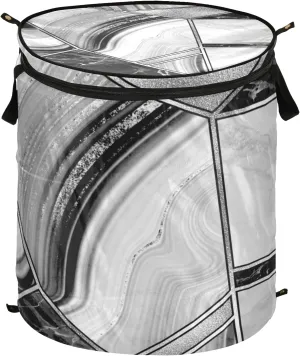 Marble Granite Agate Black Grey Triangle Tile Silver White Lines Pop Up Laundry Hamper, Collapsible Dirty Clothes Basket with Zipper Lid, Storage Bag Washing Bin for Room College Dorm Travel