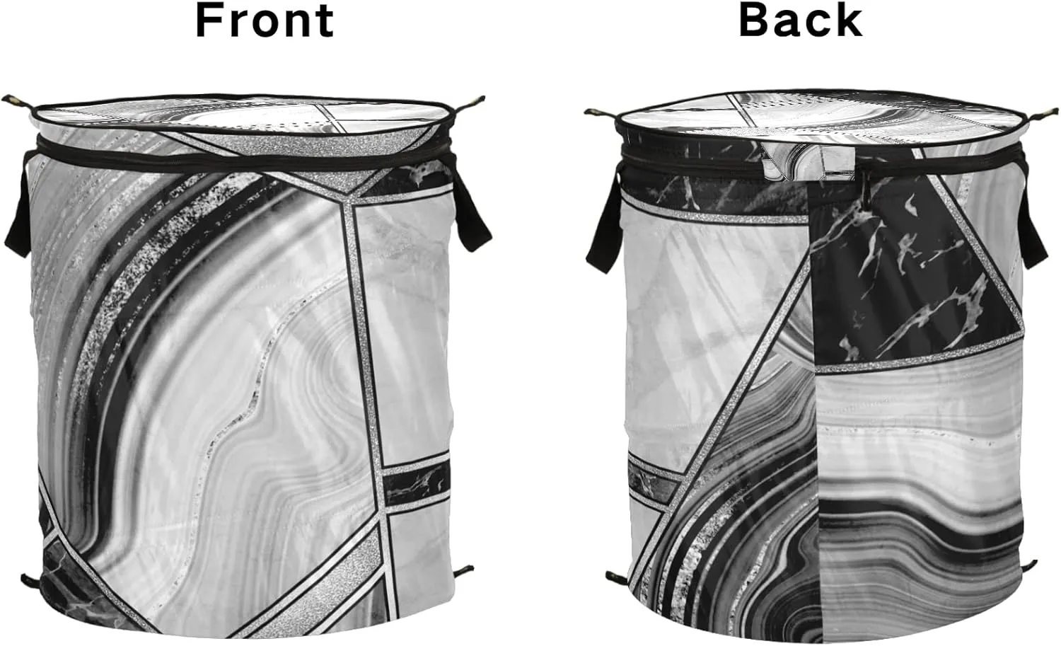 Marble Granite Agate Black Grey Triangle Tile Silver White Lines Pop Up Laundry Hamper, Collapsible Dirty Clothes Basket with Zipper Lid, Storage Bag Washing Bin for Room College Dorm Travel
