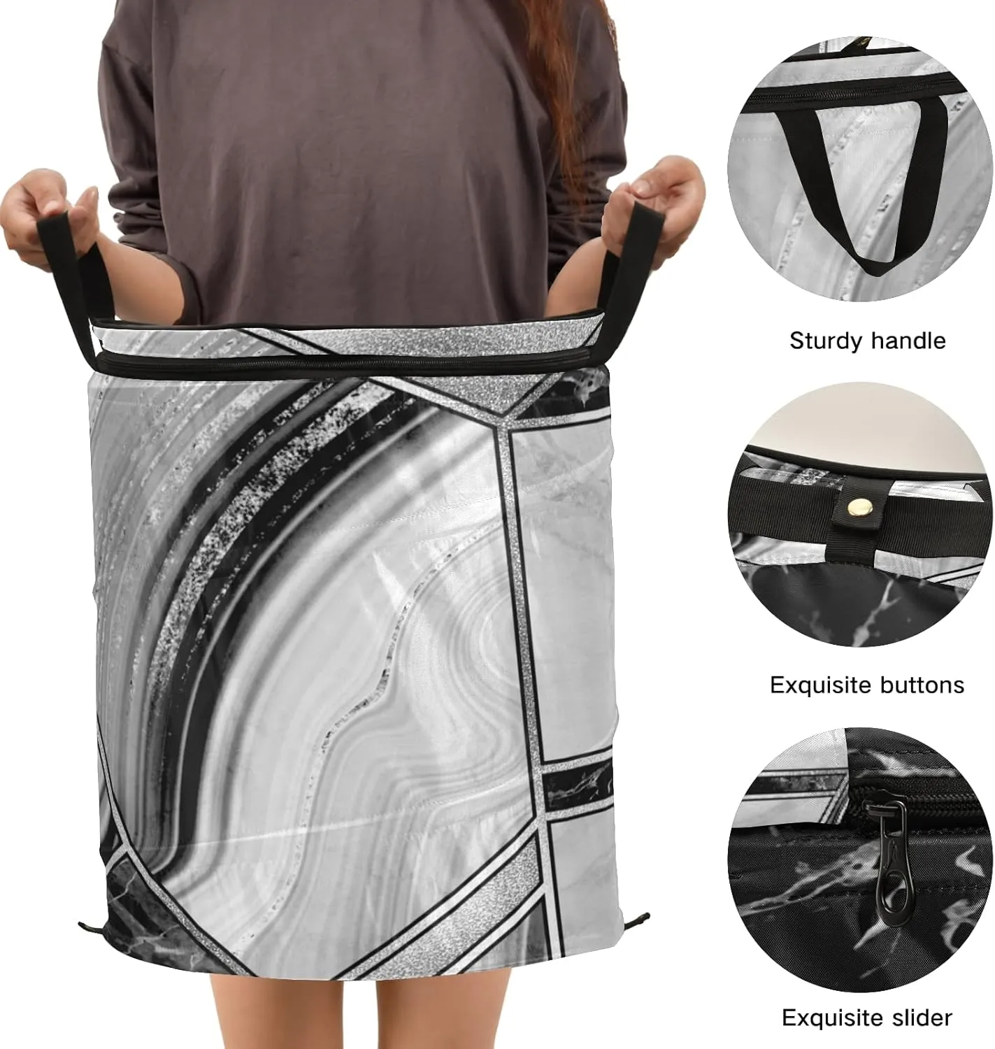 Marble Granite Agate Black Grey Triangle Tile Silver White Lines Pop Up Laundry Hamper, Collapsible Dirty Clothes Basket with Zipper Lid, Storage Bag Washing Bin for Room College Dorm Travel