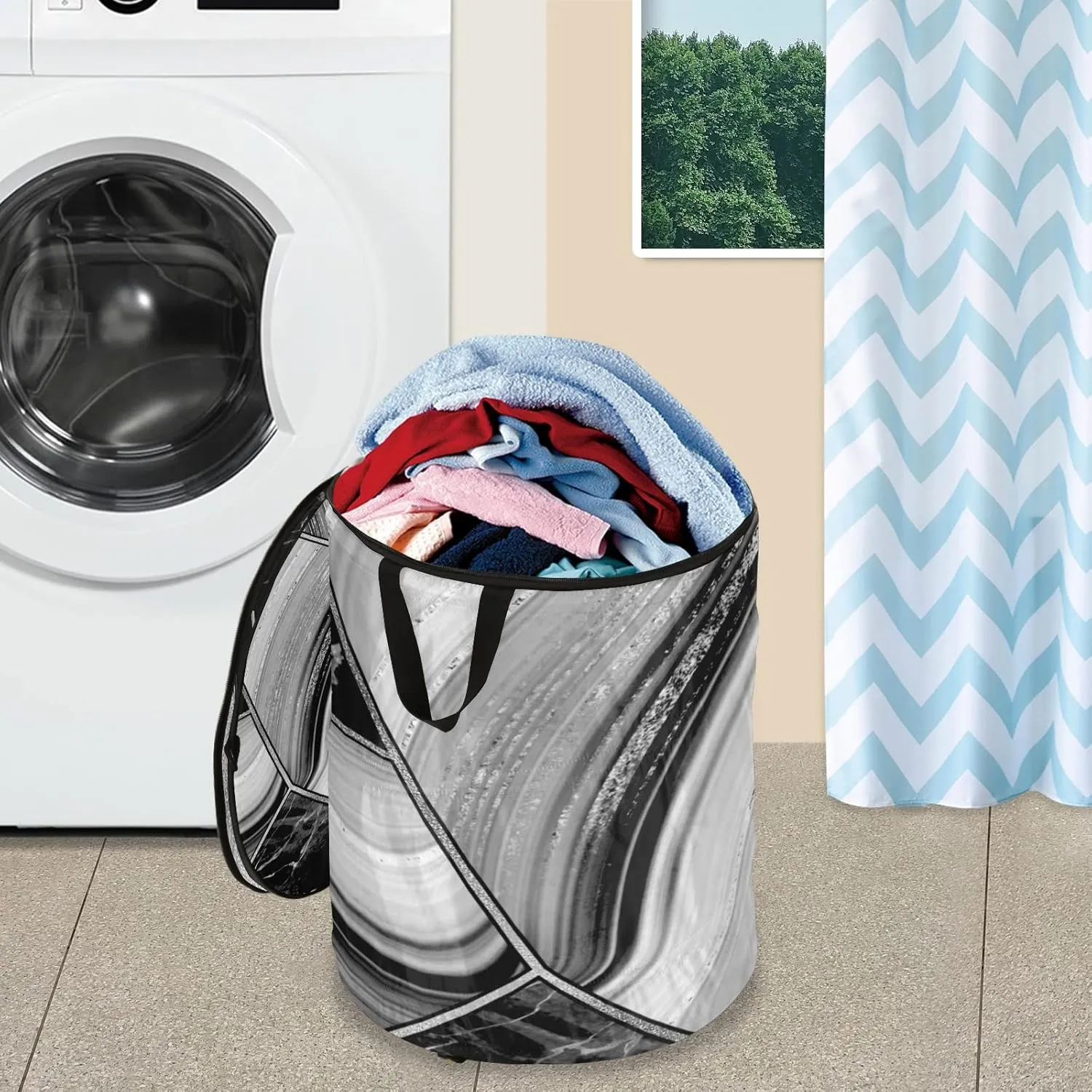 Marble Granite Agate Black Grey Triangle Tile Silver White Lines Pop Up Laundry Hamper, Collapsible Dirty Clothes Basket with Zipper Lid, Storage Bag Washing Bin for Room College Dorm Travel