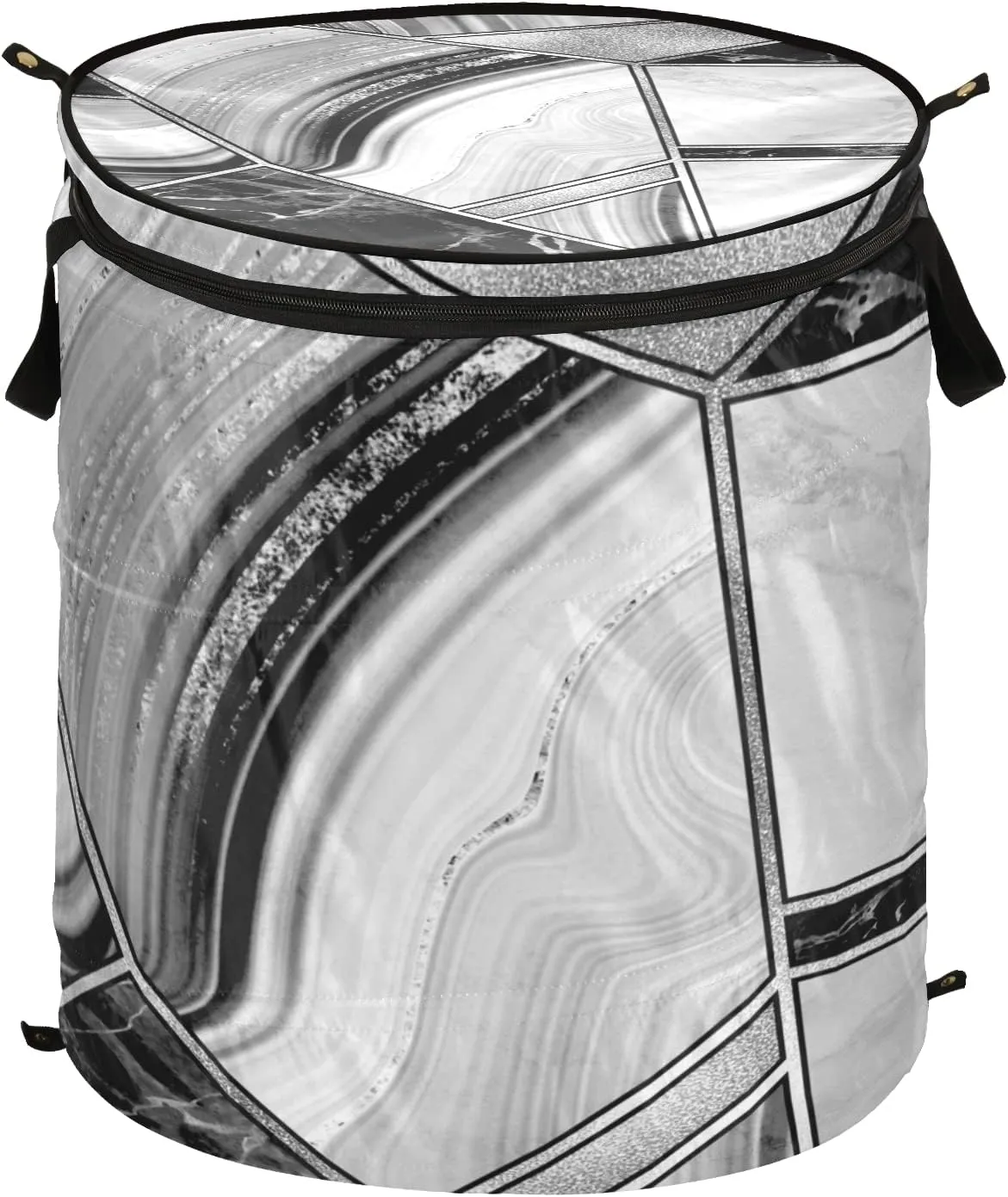 Marble Granite Agate Black Grey Triangle Tile Silver White Lines Pop Up Laundry Hamper, Collapsible Dirty Clothes Basket with Zipper Lid, Storage Bag Washing Bin for Room College Dorm Travel