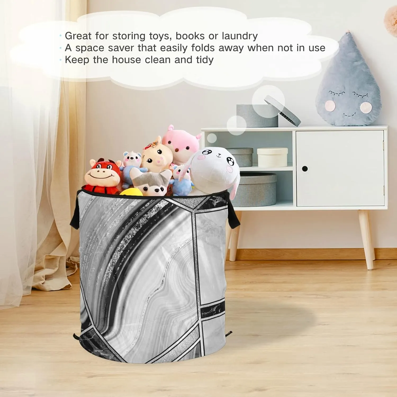 Marble Granite Agate Black Grey Triangle Tile Silver White Lines Pop Up Laundry Hamper, Collapsible Dirty Clothes Basket with Zipper Lid, Storage Bag Washing Bin for Room College Dorm Travel