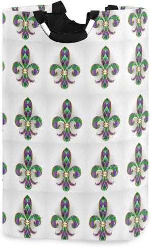 Mardi Gras Gold Jewelry Lily Fleur de Lis Green and Purple Diamonds Laundry Hamper Basket Bucket, Foldable Dirty Clothes Bag, Waterproof Fabric Washing Bin, Toy Storage with Handles for Bathroom