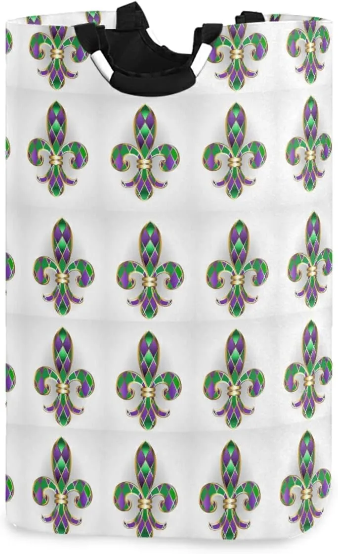 Mardi Gras Gold Jewelry Lily Fleur de Lis Green and Purple Diamonds Laundry Hamper Basket Bucket, Foldable Dirty Clothes Bag, Waterproof Fabric Washing Bin, Toy Storage with Handles for Bathroom