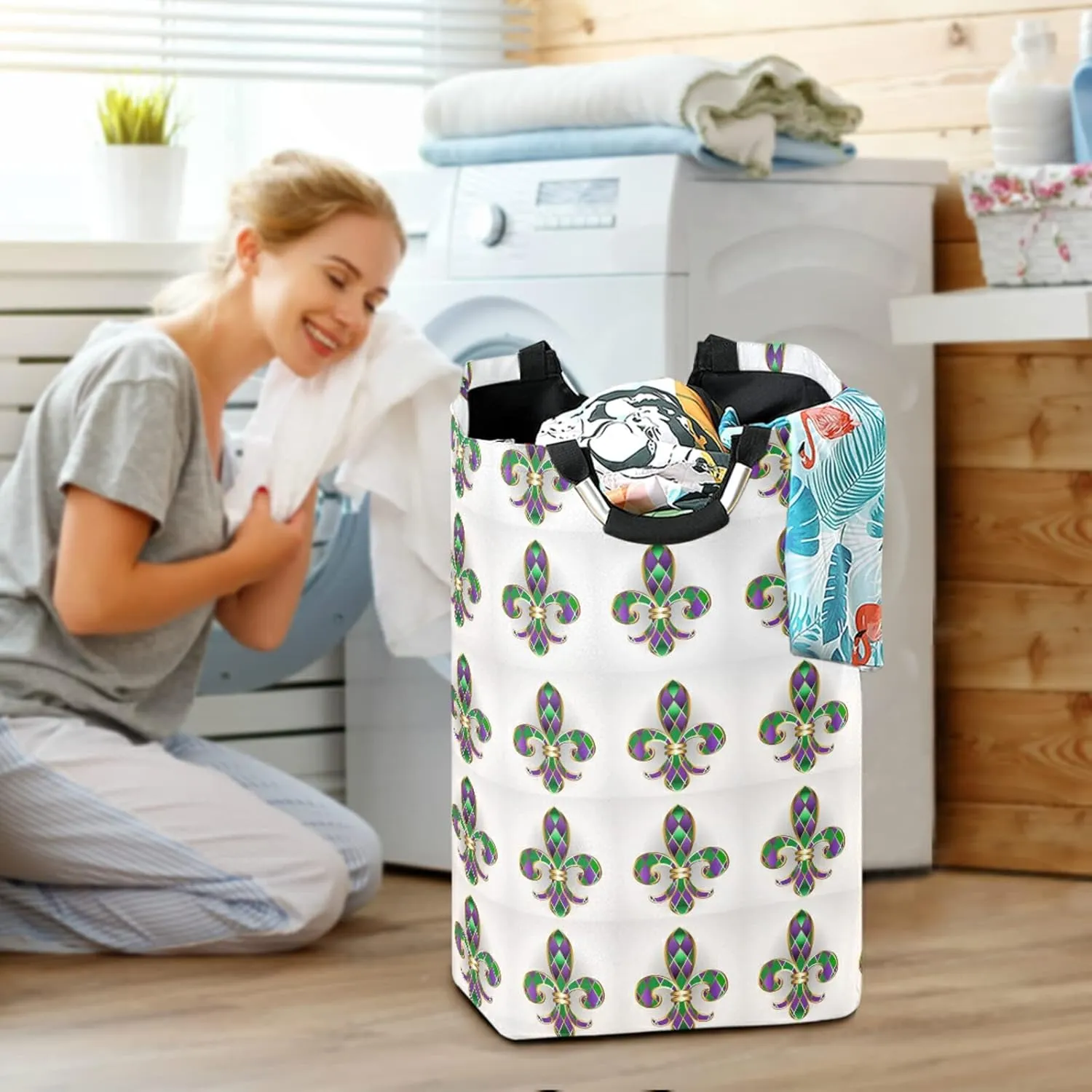 Mardi Gras Gold Jewelry Lily Fleur de Lis Green and Purple Diamonds Laundry Hamper Basket Bucket, Foldable Dirty Clothes Bag, Waterproof Fabric Washing Bin, Toy Storage with Handles for Bathroom