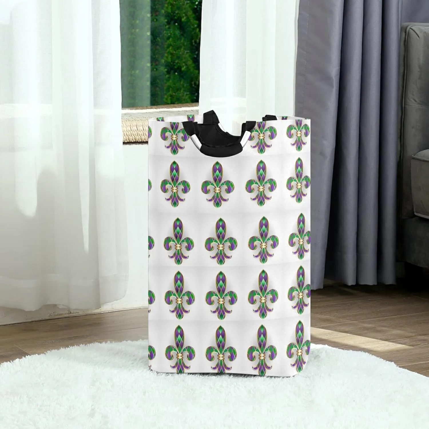 Mardi Gras Gold Jewelry Lily Fleur de Lis Green and Purple Diamonds Laundry Hamper Basket Bucket, Foldable Dirty Clothes Bag, Waterproof Fabric Washing Bin, Toy Storage with Handles for Bathroom