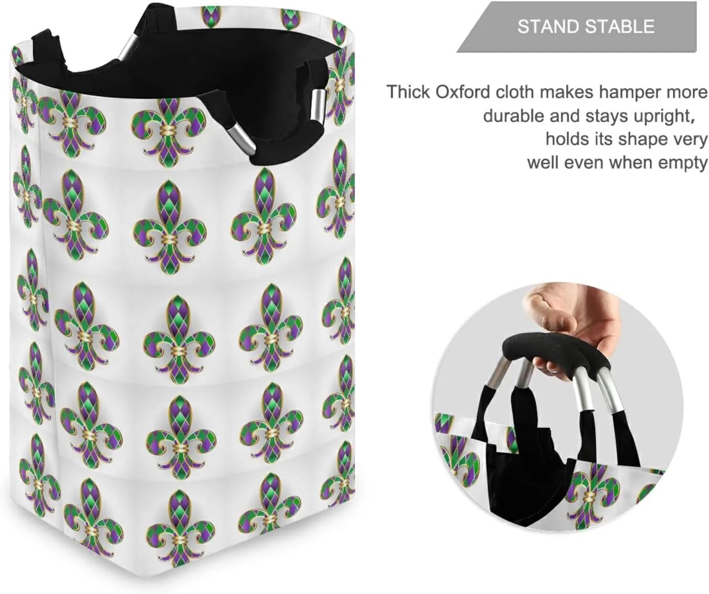 Mardi Gras Gold Jewelry Lily Fleur de Lis Green and Purple Diamonds Laundry Hamper Basket Bucket, Foldable Dirty Clothes Bag, Waterproof Fabric Washing Bin, Toy Storage with Handles for Bathroom