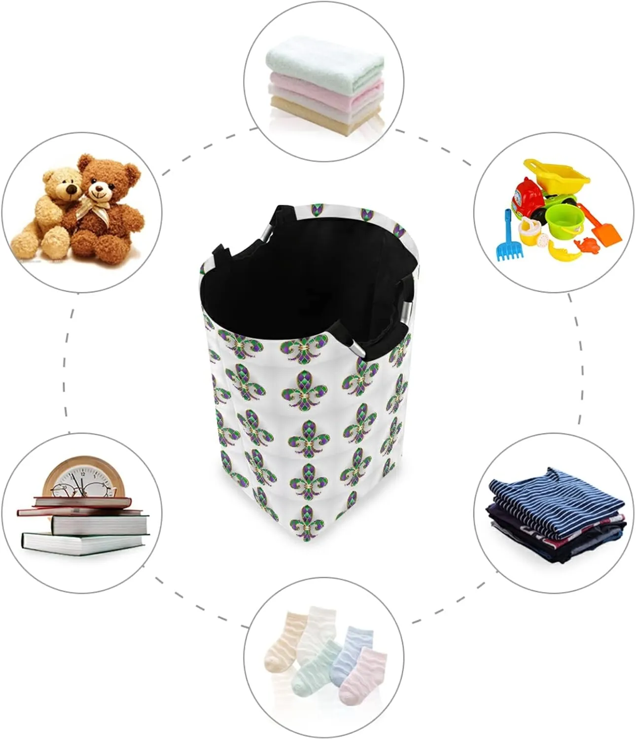 Mardi Gras Gold Jewelry Lily Fleur de Lis Green and Purple Diamonds Laundry Hamper Basket Bucket, Foldable Dirty Clothes Bag, Waterproof Fabric Washing Bin, Toy Storage with Handles for Bathroom