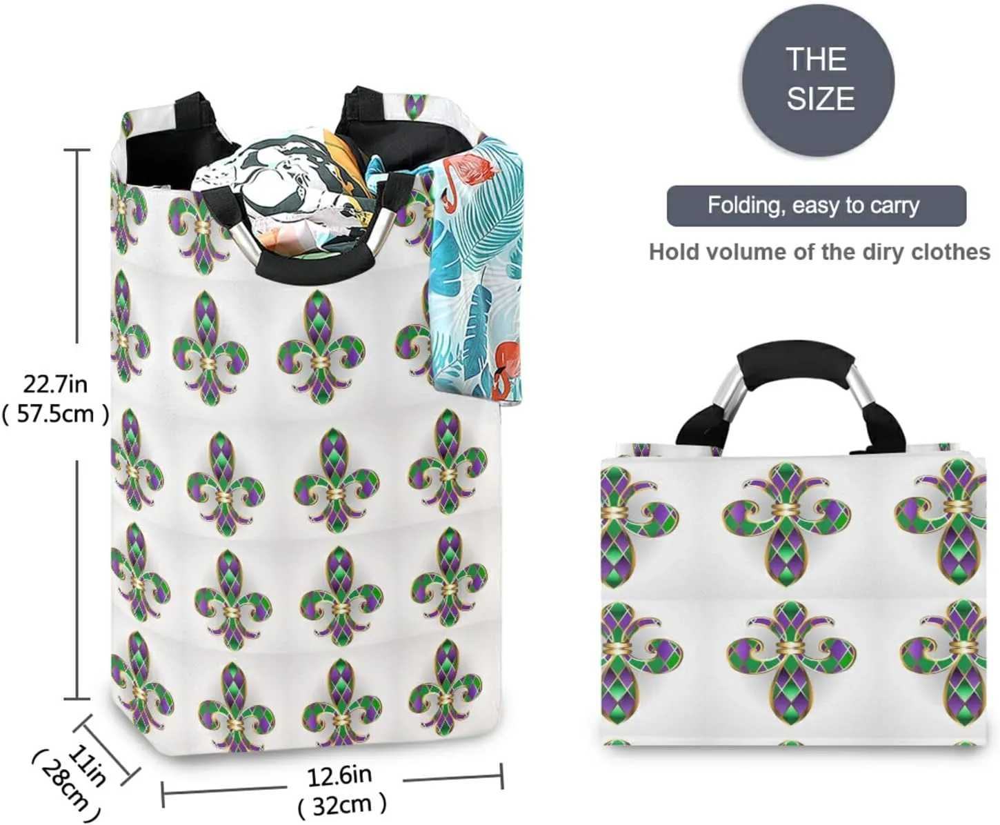 Mardi Gras Gold Jewelry Lily Fleur de Lis Green and Purple Diamonds Laundry Hamper Basket Bucket, Foldable Dirty Clothes Bag, Waterproof Fabric Washing Bin, Toy Storage with Handles for Bathroom