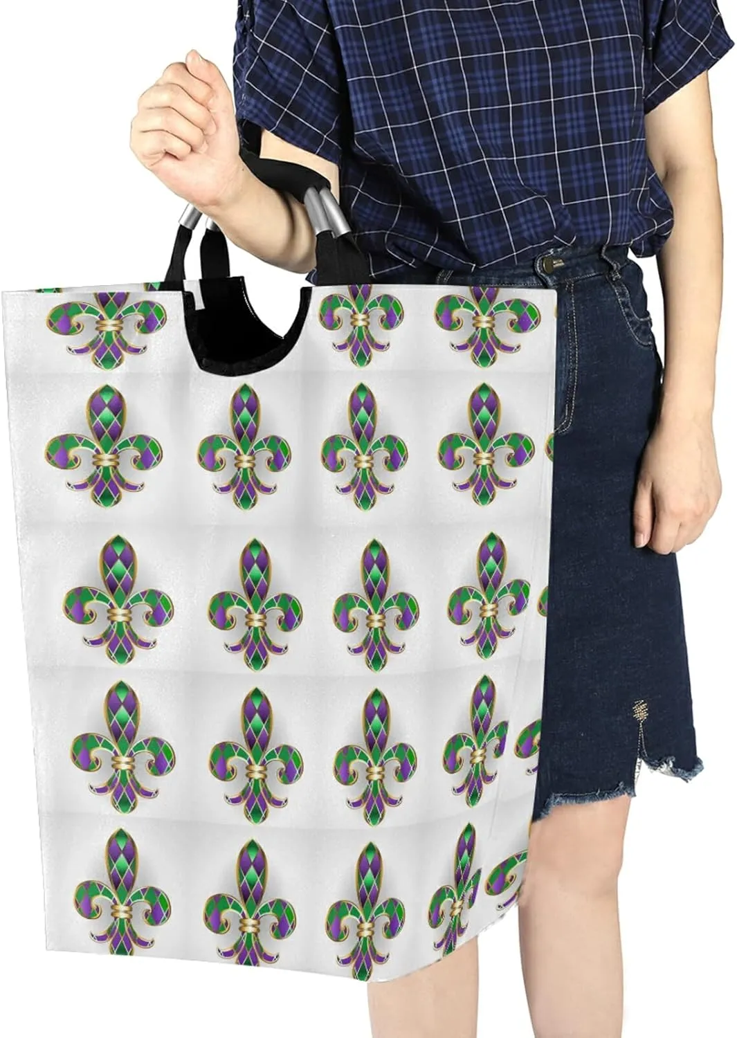 Mardi Gras Gold Jewelry Lily Fleur de Lis Green and Purple Diamonds Laundry Hamper Basket Bucket, Foldable Dirty Clothes Bag, Waterproof Fabric Washing Bin, Toy Storage with Handles for Bathroom